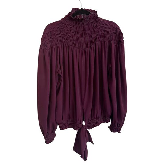 Venus Women's Purple Mock Neck Smocked Blouse Size M Bow at Back Waist Office - Picture 2 of 7